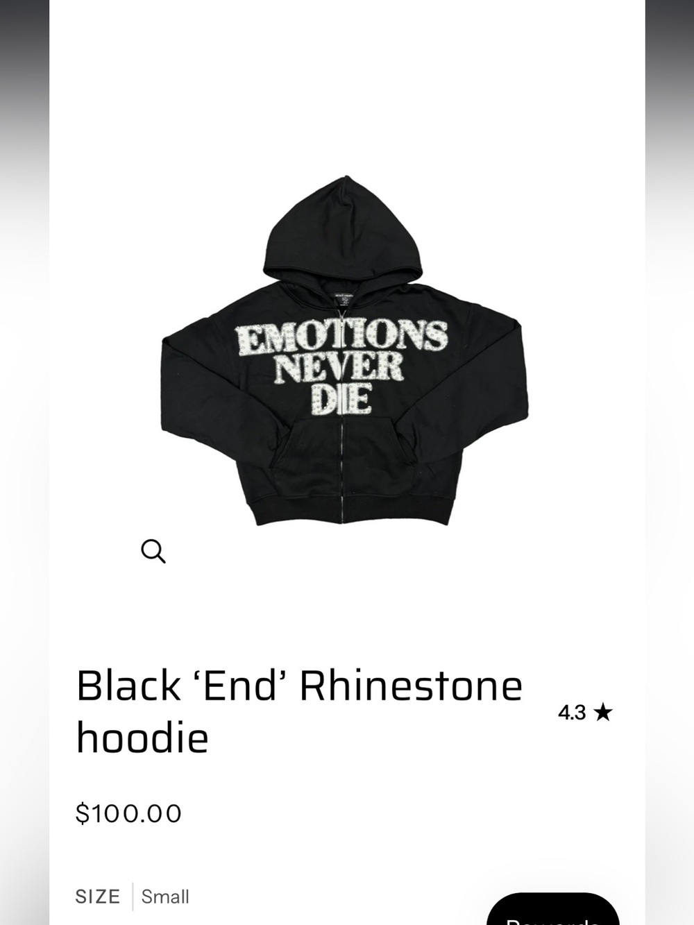 NWT Mixed Emotion Black Rhinestone Zip Hoodie with 'Emotions Never Die' Graphic